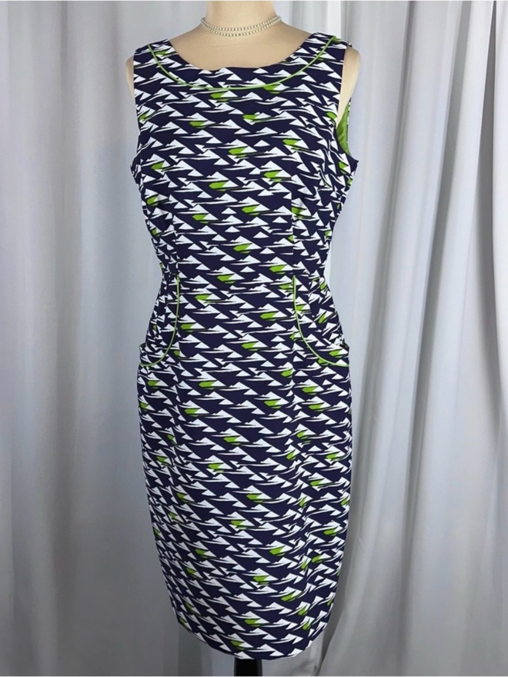 London Times Navy, White & Lime Geometric Midi Dress size 12